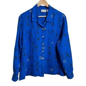 Chicos 100% Linen Button Up Top 3 L Blue Asian Inspired Long Sleeve Boxy Artsy